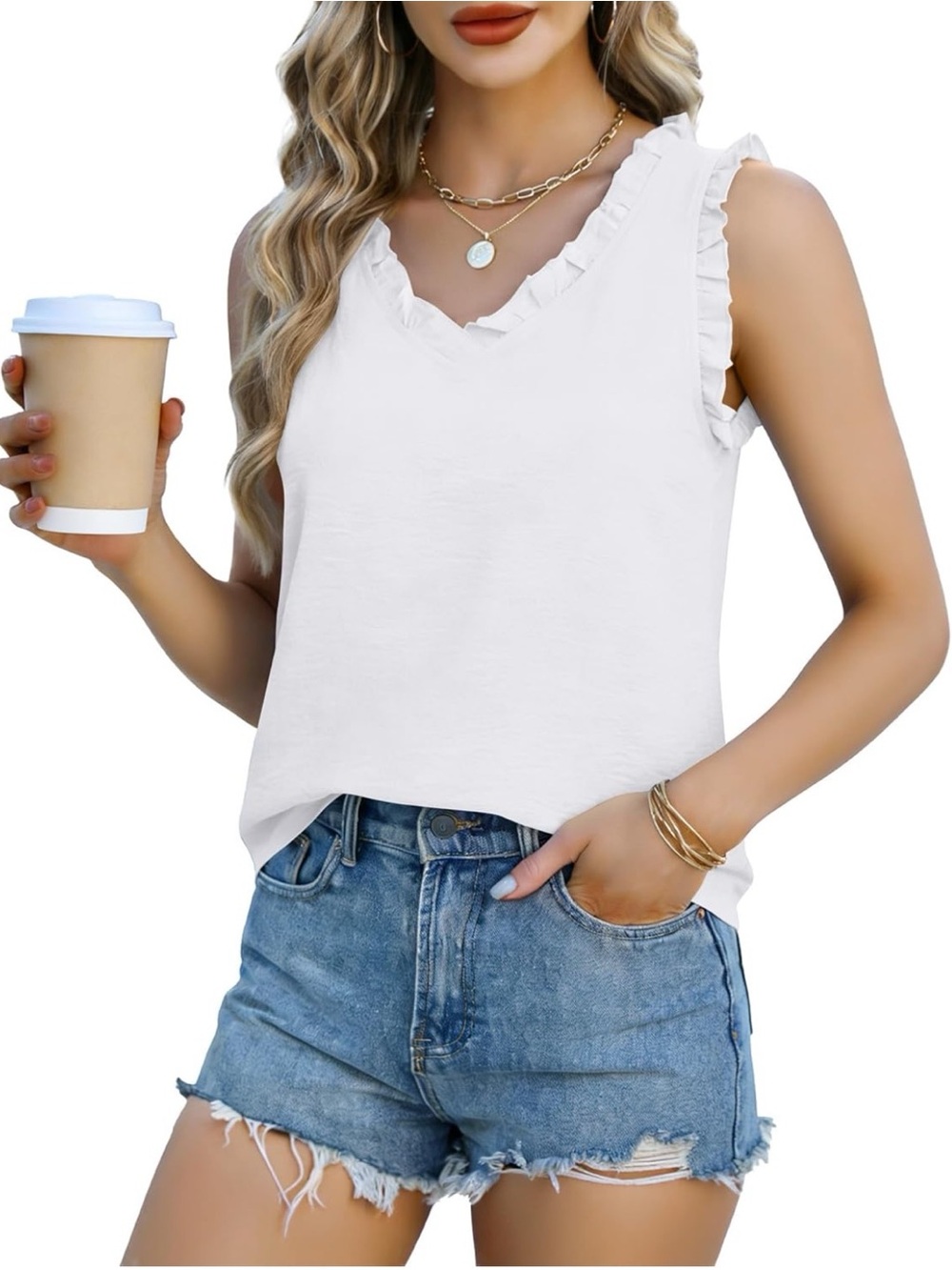 NEW Women’s Sleeveless V-Neck Ruffle Tank Top in White